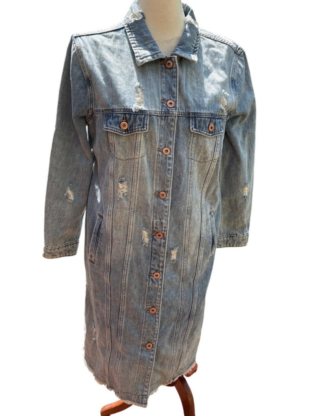 Distressed Denim Long Jacket Sleeve Button Front Pockets & Frayed Hem Size 10 Sl